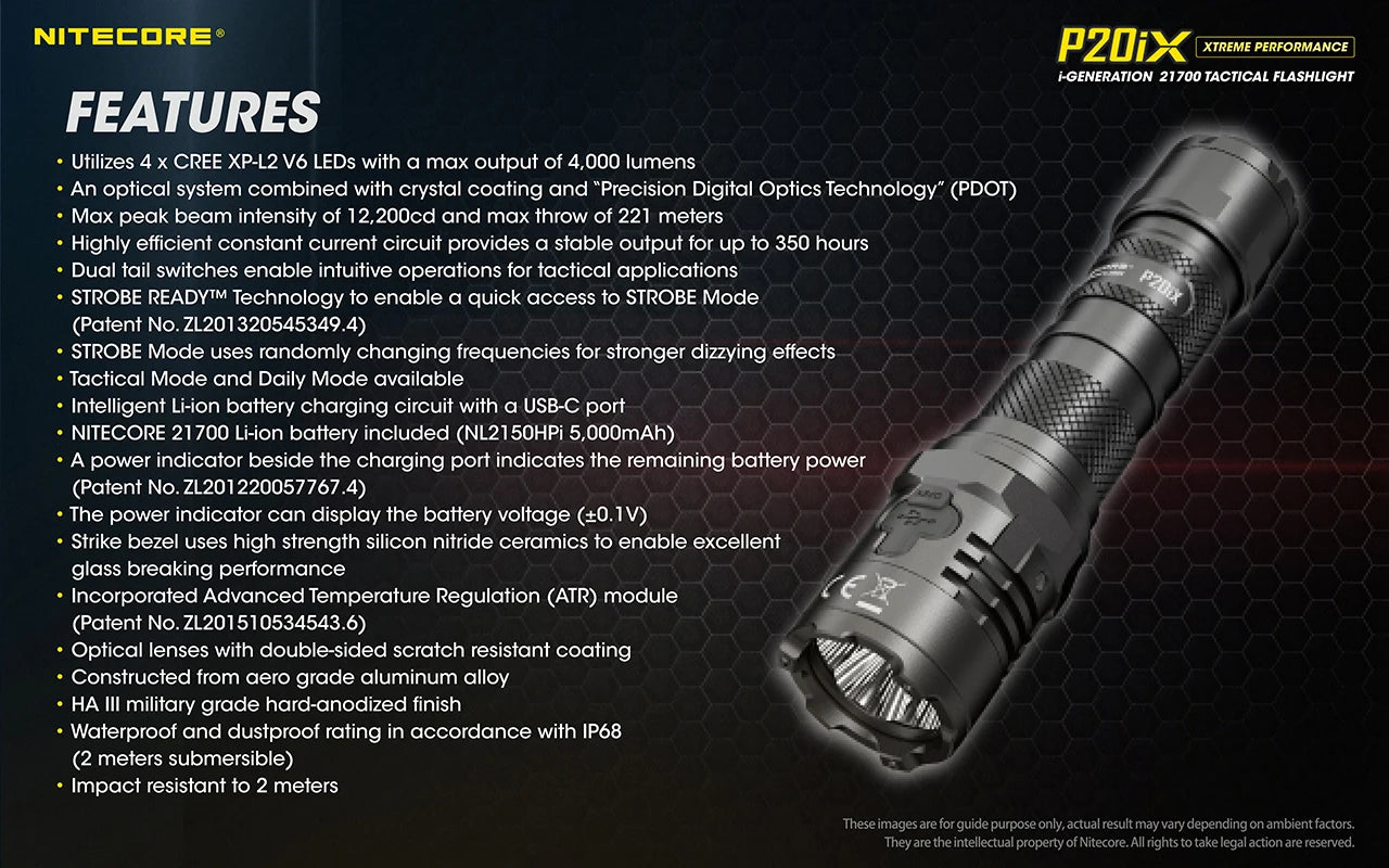 Nitecore P20iX USB - C oppladbar taktisk lommelykt 4000 lumen med 5000mAh batteri - HzConnect